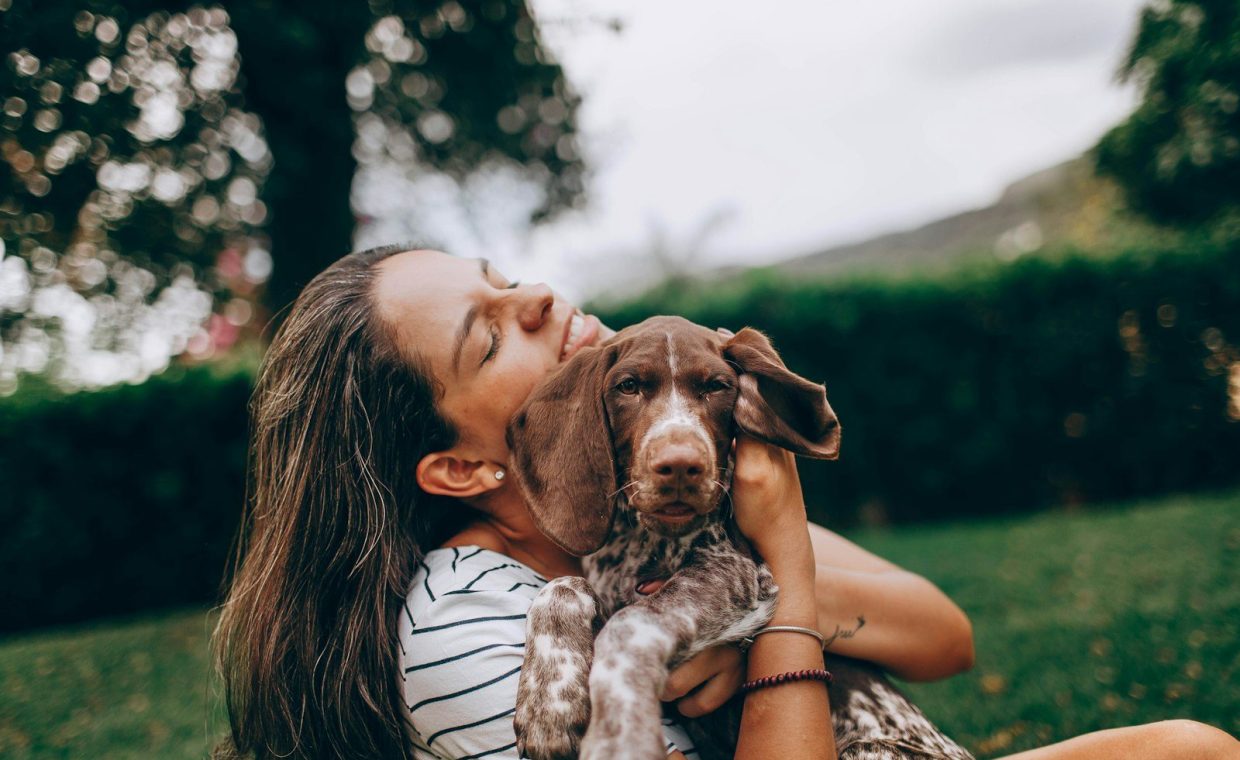 woman in white and black stripe tank top hugging brown and white short coated dog