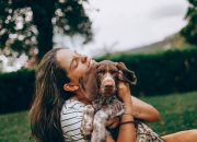woman in white and black stripe tank top hugging brown and white short coated dog